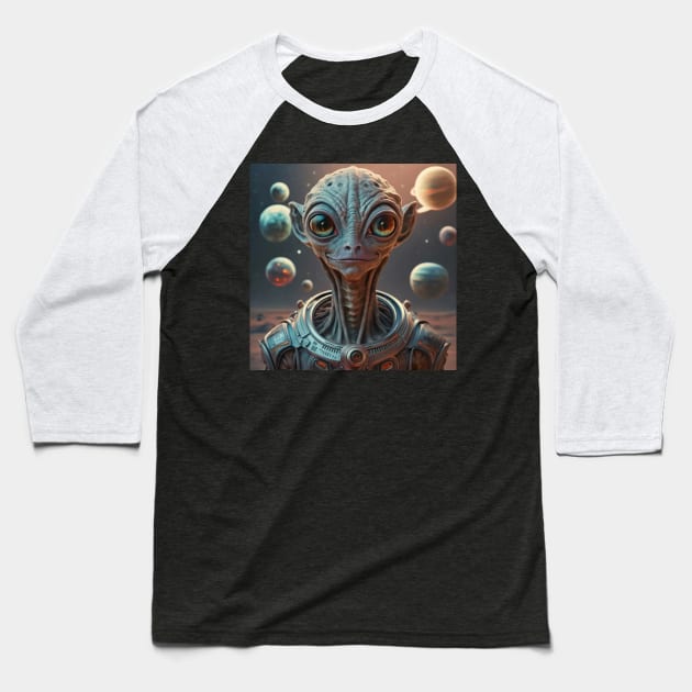 Extraterrestrial alien portrait smiling grey with ears Baseball T-Shirt by VioletAndOberon